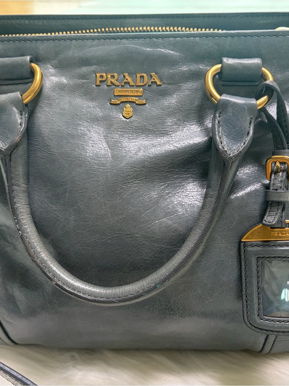 Prada Metallic Gray Leather Shoulder Bag with Gold Hardware - Picture 7 of 17